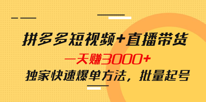（3948期）拼多多短视频+直播带货，一天赚3000+独家快速爆单方法，批量起号-副业宝典