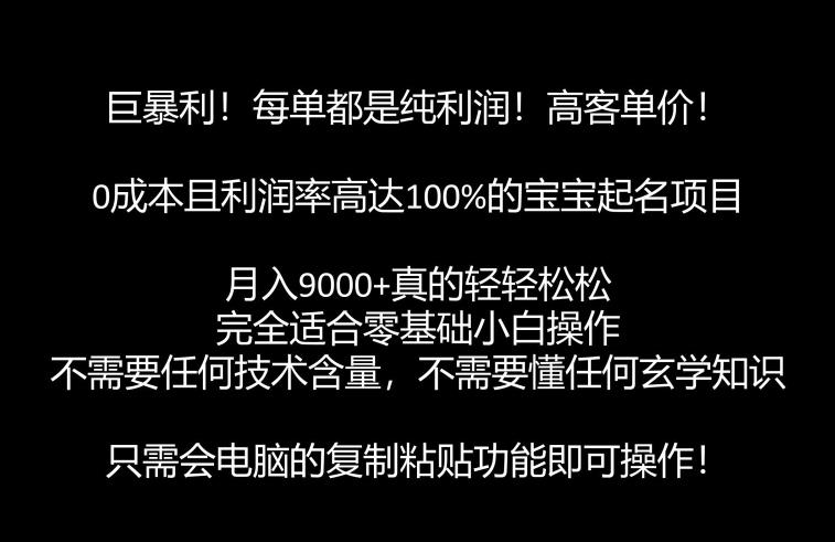 巨暴利，月入9000+的宝宝起名项目，每单都是纯利润，零基础都能躺赚【附软件+视频教程】-副业宝典