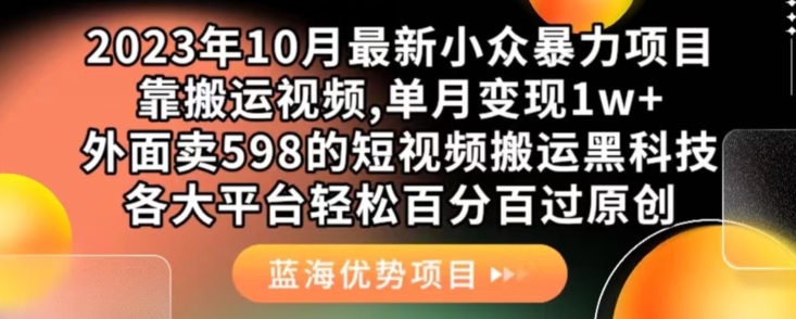 2023年10月最新小众暴力项目，靠搬运视频,单月变现1w+，外面卖598的短视频搬运黑科技，各大平台轻松百分百过原创-副业宝典