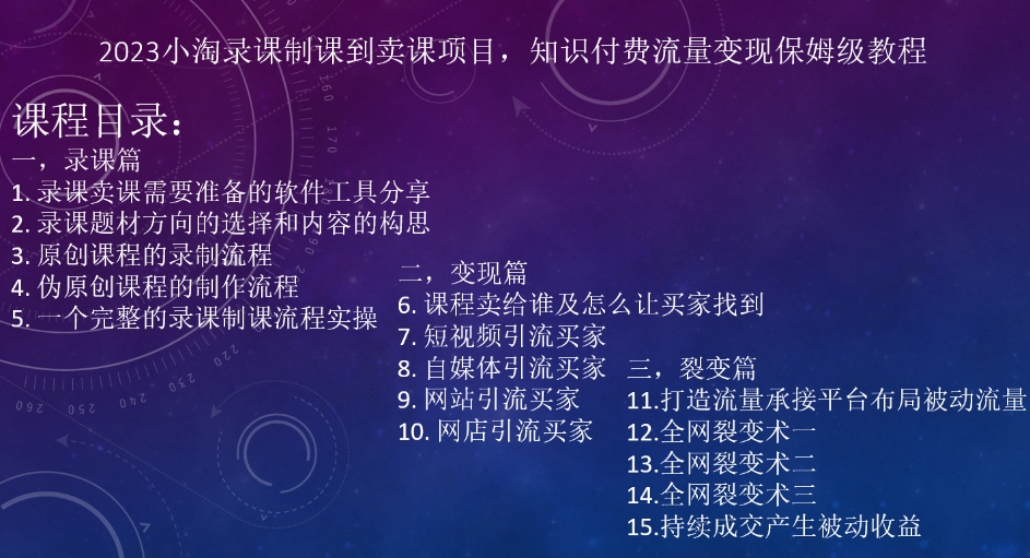 2023小淘录课制课到卖课项目，知识付费流量变现保姆级教程-副业宝典