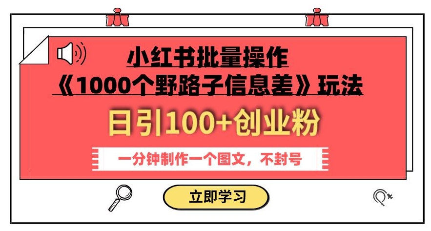 小红书批量操作《1000个野路子信息差》玩法，一分钟制作一个图文，不封号，日引100+创业粉-副业宝典
