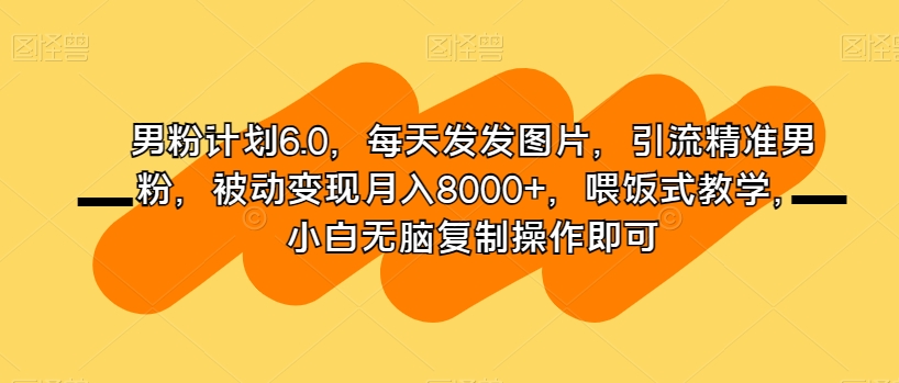 男粉计划6.0，每天发发图片，引流精准男粉，被动变现月入8000+，喂饭式教学，小白无脑复制操作即可-副业宝典