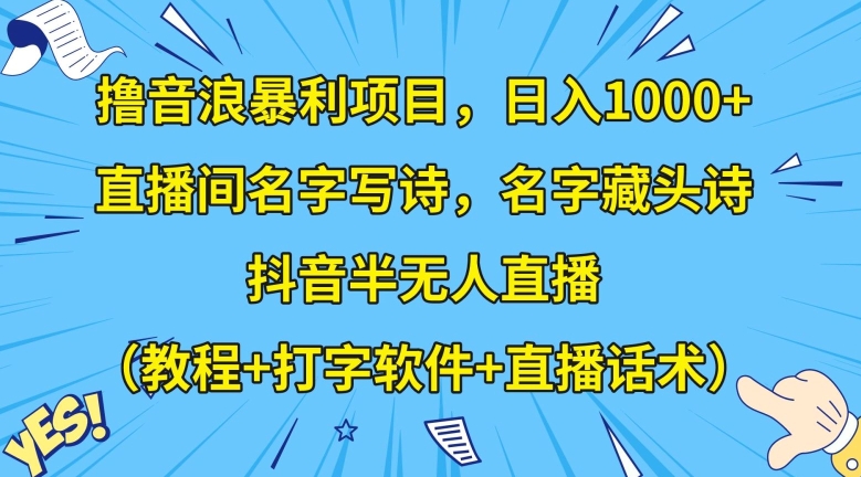 撸音浪暴利项目，日入1000+，直播间名字写诗，名字藏头诗，抖音半无人直播（教程+打字软件+直播话术）【揭秘】-副业宝典
