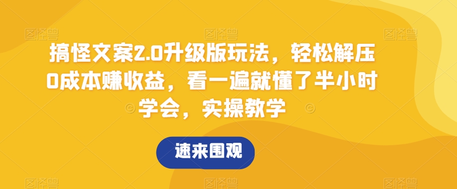 搞怪文案2.0升级版玩法，轻松解压0成本赚收益，看一遍就懂了半小时学会，实操教学【揭秘】-副业宝典