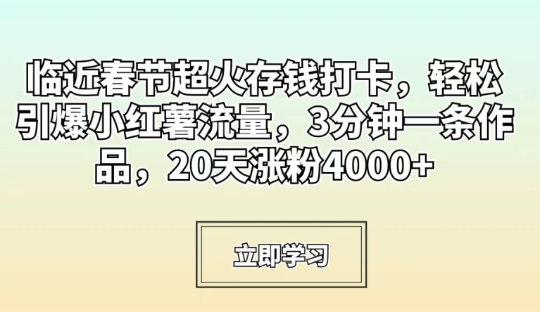 临近春节超火存钱打卡，轻松引爆小红薯流量，3分钟一条作品，20天涨粉4000+-副业宝典