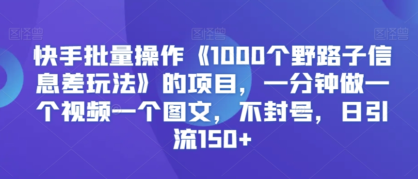快手批量操作《1000个野路子信息差玩法》的项目，一分钟做一个视频一个图文，不封号，日引流150+-副业宝典