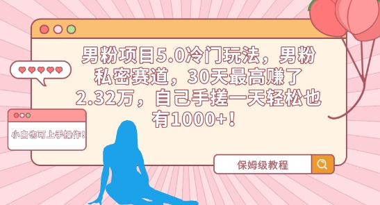 男粉项目5.0冷门玩法，男粉私密赛道，30天最高赚了2.32万，自己手搓一天轻松也有1000+-副业宝典