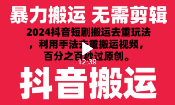 2024最新抖音搬运技术，抖音短剧视频去重，手法搬运，利用工具去重，达到秒过原创的效果-副业宝典