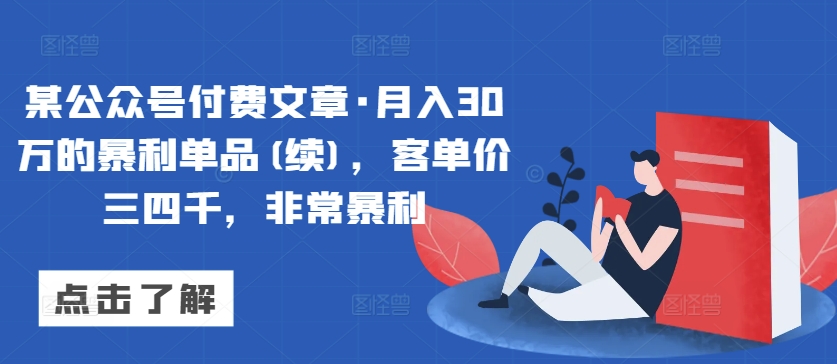某公众号付费文章·月入30万的暴利单品(续)，客单价三四千，非常暴利-副业宝典
