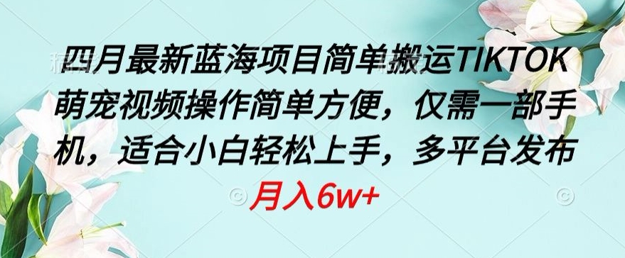 四月最新蓝海项目，简单搬运TIKTOK萌宠视频，操作简单方便，仅需一部手机-副业宝典