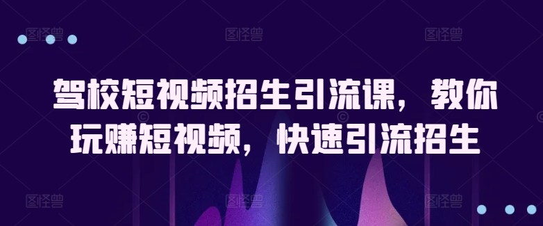 驾校短视频招生引流课，教你玩赚短视频，快速引流招生-副业宝典