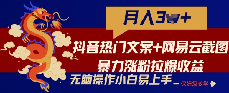 抖音热门文案+网易云截图暴力涨粉拉爆收益玩法，小白无脑操作，简单易上手-副业宝典