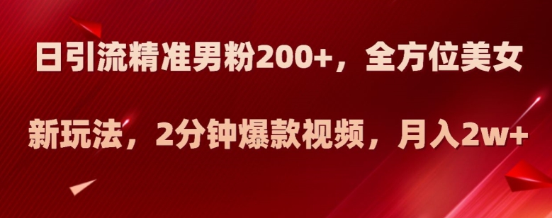日引流精准男粉200+，全方位美女新玩法，2分钟爆款视频，月入2w+【揭秘】-副业宝典