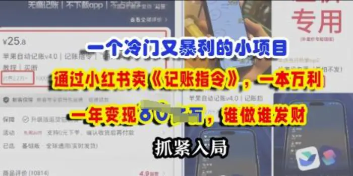 一个冷门需求，通过小红书卖《记账指令》，一本万利，谁做谁发，抓紧入局-副业宝典