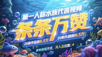 第一人称水族代言视频，条条万赞，20条作品涨粉7.8W，多种变现方式月入五位数-副业宝典