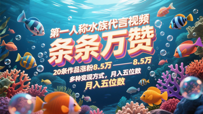 第一人称水族代言视频，条条万赞，20条作品涨粉8.5万，多种变现方式月，入五位数-副业宝典