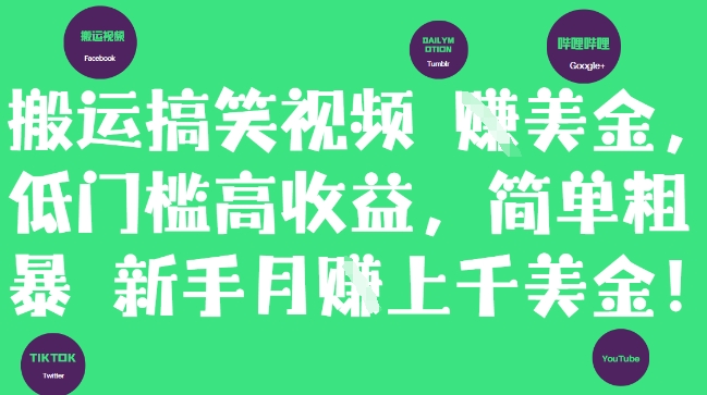 搬运搞笑视频挣美金，低门槛高收益，简单粗暴新手月入上千美刀-副业宝典