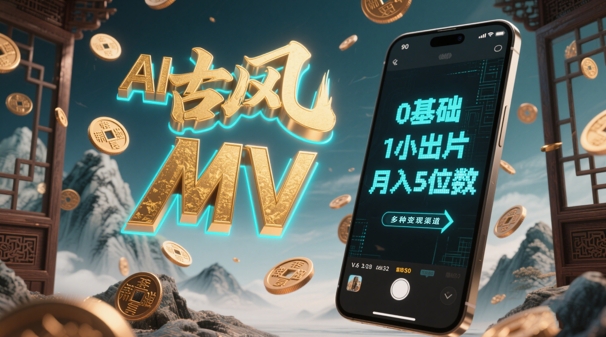 AI一键生成古风音乐MV，0剪辑基础1小时出片，多种变现渠道，一部手机月入5位数-副业宝典