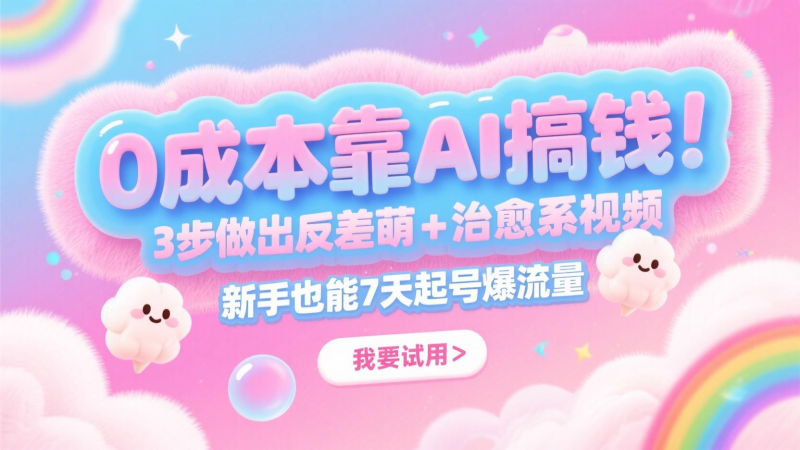 0成本靠AI搞钱！3步做出反差萌+治愈系视频，新手也能7天起号爆流量，月入5位数-副业宝典