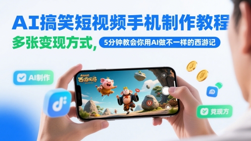 AI搞笑短视频手机制作教程，多张变现方式，5分钟教会你用AI做不一样的西游记-副业宝典