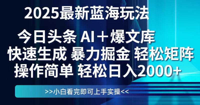 （14805期）今日头条2025最新蓝海玩法，思路简单，复制粘贴，轻松实现矩阵日入2000+-副业宝典