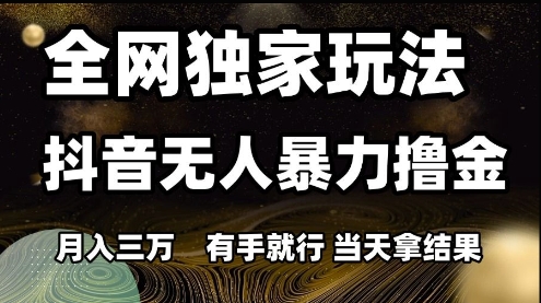 全网独家玩法抖音无人暴力撸金，月入3W，有手就行，当天拿结果-副业宝典