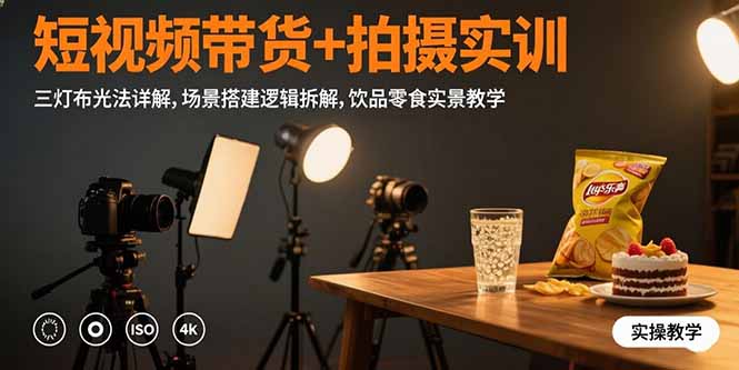 短视频带货+拍摄实训：三灯布光法详解,场景搭建逻辑拆解,饮品零食实景教学-副业宝典