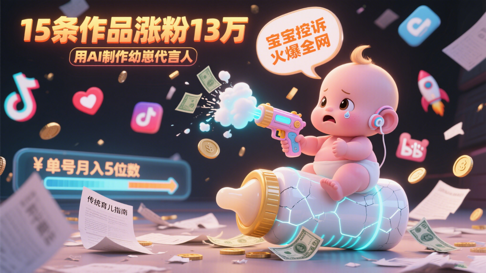 用AI制作幼崽代言人，宝宝的控诉火爆全网，15条作品涨粉13万，单号月入5位数实操教程-副业宝典