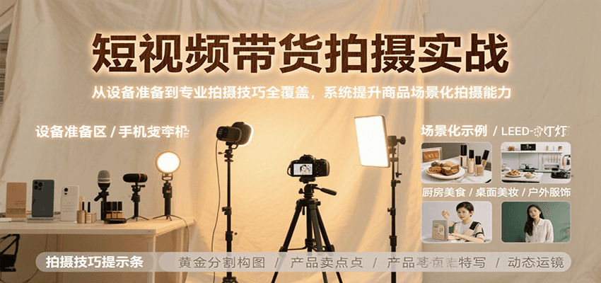 短视频带货拍摄实战，从设备准备到专业拍摄技巧全覆盖，系统提升商品场景化拍摄能力-副业宝典