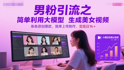 男粉引流之简单利用大模型生成美女视频，条条原创爆款，简单上传制作，变现日1k+-副业宝典