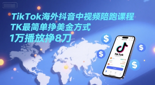 TikTok海外抖音中视频陪跑课程，TK最简单挣美金方式，1万播放挣8刀-副业宝典