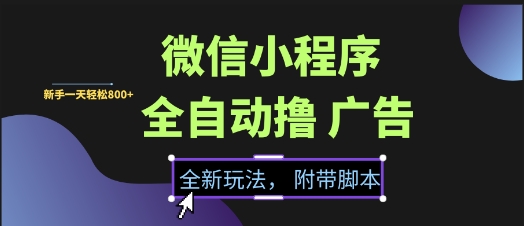 微信小程序全自动撸广告项目，彻底解决没流量的问题，新手一天8张+【揭秘】-副业宝典
