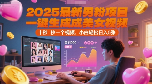 2025最新男粉项目，一键生成美女视频，日引600+色粉 十秒一个视频，小白轻松日入5张【揭秘】-副业宝典