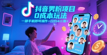 抖音男粉项目0成本玩法，一部手机即可操作，日均4张+，时间自由-副业宝典