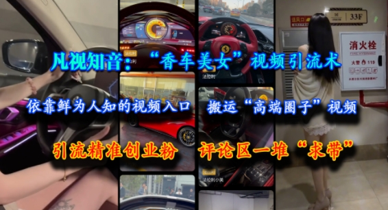 凡视知音：“香车美女”视频引流术，依靠鲜为人知的视频入口，搬运“高端圈子”视频，引流精准创业粉，评论区一堆“求带”-副业宝典