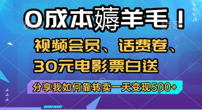 0成本薅羊毛!视频会员、话费卷、30元电影票白送，分享我如何靠转卖一天变现5张+【揭秘】-副业宝典
