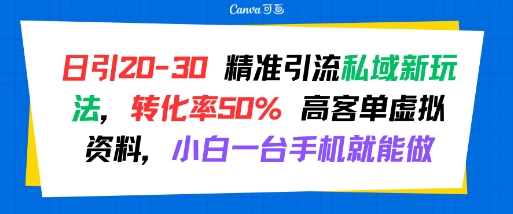 日引 20-30 精准引流私域新玩法，转化率50% 高客单虚拟资料，小白一台手机就能做-副业宝典
