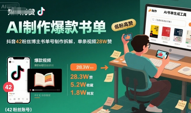 AI制作爆款书单，抖音42粉丝博主书单号制作拆解，单条视频28W赞-副业宝典