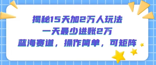 揭秘15天加2W人玩法，一天最少2万进账，蓝海赛道，操作简单，可矩阵-副业宝典
