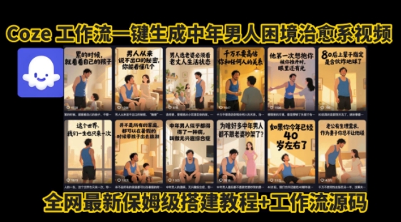 coze工作流一键生成”中年男人困境扎心高涨粉高播放量图文视频”保姆级拆解教程，无需剪辑，无需拍摄写文案-副业宝典