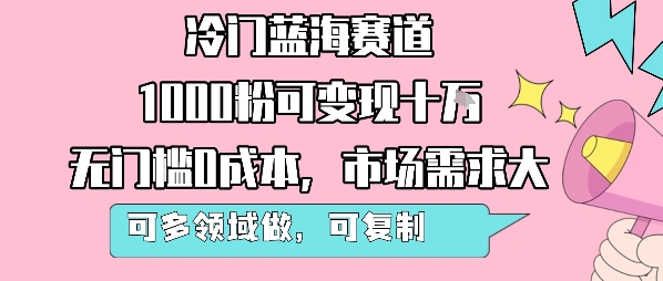 冷门蓝海赛道，1000粉可变现十W，无门槛0成本，市场需求大，可多领域做，可复制性强-副业宝典