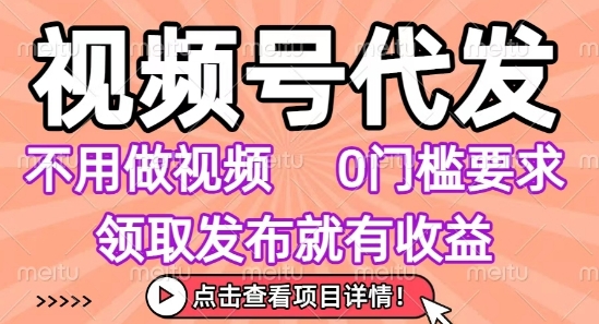 视频号代发，不用剪辑不用做视频，0门槛要求，领取发布就有收益，任务没有无上限，小白轻松上手【揭秘】-副业宝典
