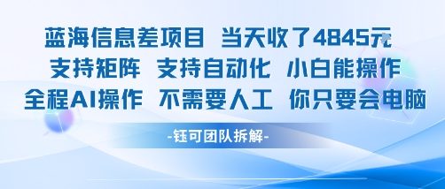 蓝海信息差项目当天收米1k+ 支持矩阵支持自动化小白能操作全程AI操作不需要人工你只要会电脑-副业宝典