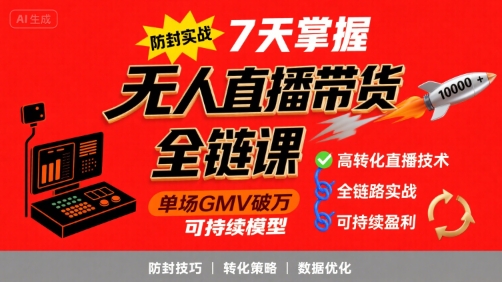 无人直播带货全链防封实战课，7天掌握高转化直播技术，实现单场GMV破万可持续模型-副业宝典