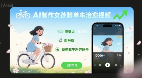 AI制作女孩骑单车治愈视频，流量大，起号快，快速起千粉万粉号-副业宝典