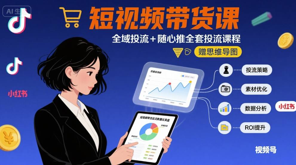 最新短视频带货课，全域投流+随心推全套投流课程+思维导图-副业宝典
