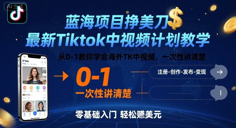 蓝海项目挣美刀，最新Tiktok中视频计划教学，从0-1教你学会海外TK中视频，一次性讲清楚-副业宝典