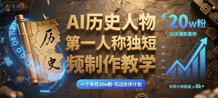 最新AI历史人物第一人称独白短视频制作教学，一个半月20w粉，可过伙伴计划-副业宝典