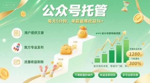 【公众号托管 】我提供文章，你发布，每天5分钟，单篇最高收益1k+【揭秘】-副业宝典