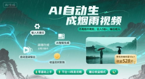 不用拍不用剪！AI自动生成烟雨视频，日入5张+，睡后收入-副业宝典